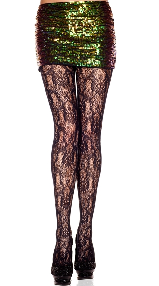 Black Lace Print Pantyhose, Lace Design Spandex Pantyhose