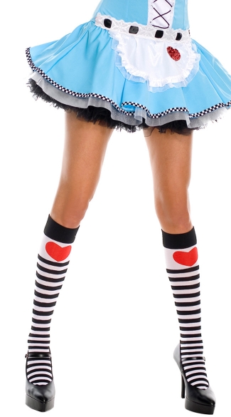 Striped Knee Highs with Heart Print, Alice in Wonderland Knee Highs, Costume Hosiery