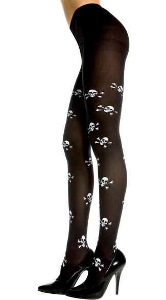 Opaque Tights with Crossbone Print, Halloween Hosiery, Costume Hosiery