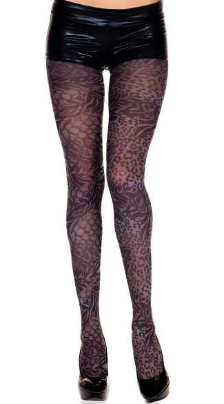 Black Floral and Animal Print Pantyhose, Black Animal Print Tights