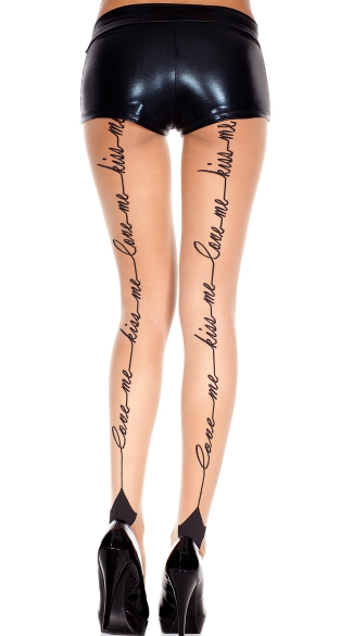 Love Me Kiss Me Back Seam Pantyhose, Love Me Kiss Me Print Spandex Sheer Pantyhose