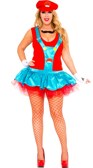 Plus Size Red Playful Plumber Costume, Plus Size Red Italian Plumber Costume, Plus Size Video Game Plumber