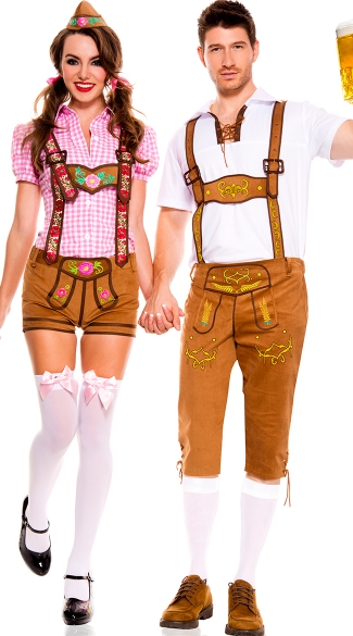 Beer-ly Feeling It Couples Costume, Mens Bavarian Lederhosen Costume, Mens Beer Costume, Pink Lederhosen Beer Babe Costume, Pink Oktoberfest Costume