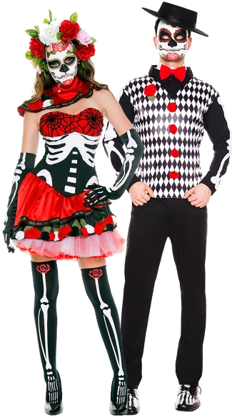 Graveyard Fiesta Couples Costume, Miss Muerta costume, Sugarskull costume, Day of the Dead Darling costume, Men\'s Graveyard Mister Costume, Men\'s Day Of The Dead Costume, Men\'s Skeleton Costume