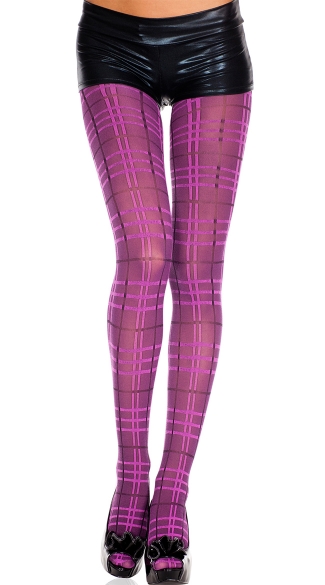 Purple Plaid Pantyhose, Plaid Opaque Spandex Pantyhose