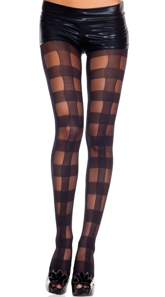 Black Checkered Print Pantyhose, Checkered Spandex Pantyhose