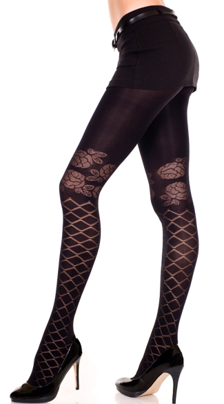 Sheer Pantyhose with Diamond And Floral Print, Sheer Pantyhose With Floral Print, Sheer Diamond Net Pantyhose