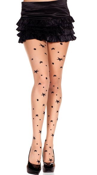 Moon and Star Print Pantyhose, Moon And Star Design Spandex Sheer Pantyhose