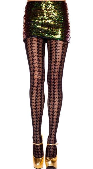 Black Houndstooth Print Pantyhose, Spandex Sheer Houndstooth Design Pantyhose