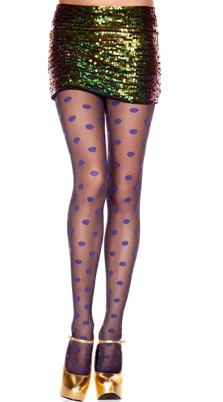 Black Pantyhose with Purple Polka Dots, Contrast Polka Dot Spandex Sheer Pantyhose