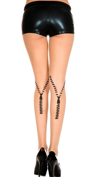 Sheer Pantyhose with Faux Zipper, Zipper Print Spandex Sheer Pantyhose