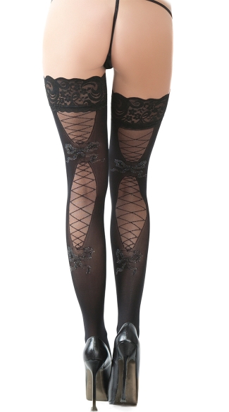Corset Patterned Lace Band Thigh Highs, Sheer Lace Band Thigh Highs