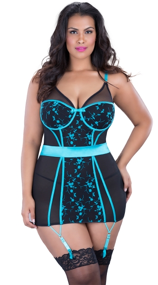 Plus Size Embroidered Stretch Chemise Set, Plus Size Two Tone Chemise and G-String Set, Teal and Black Sheer Chemise Lingerie