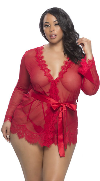 Plus Size Eyelash Lace Robe and G-String, Lace Robe, Plus Size Robe and Panty