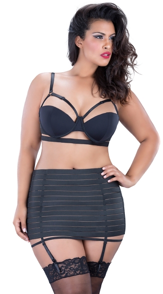 Plus Size Black Bandage Style Bra and Garterbelt, Plus Size Bandage Style Bra, Plus Size Elastic Bra, Plus Size Bandage Bra, Plus Size Bandage Style Garter Belt, Plus Size Bandage Garterbelt, Plus Size High Waisted Garterbelt, Plus Size Sheer Thigh High with Stay up Silicone Lace Top, Plus Size Sheer Thigh High Stockings