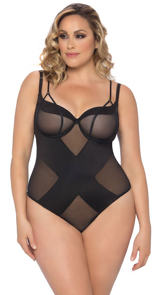 Plus Size Sheer Criss-Cross Teddy, Plus Size Black Strappy Teddy, Plus Size Sheer Black Teddy