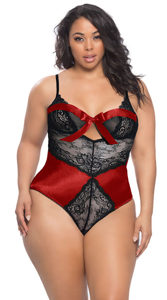 Plus Size All Wrapped Up Teddy, Plus Size Satin and Lace Teddy - Yandy.com