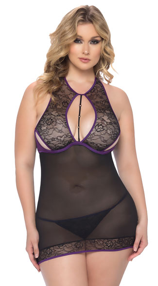 Plus Size Mariele Black and Purple Chemise Set, Plus Size Mesh and Lace Chemise Set, Plus Size Sheer Chemise Set