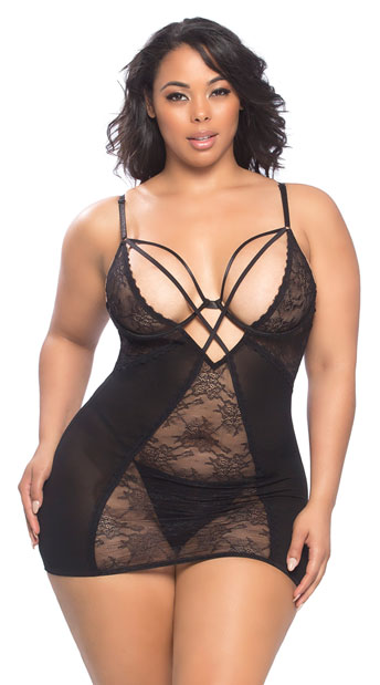 Plus Size Lovely Lace Chemise Set, Plus Size Black Lace Chemise Set, plus size black chemise - Yandy.com