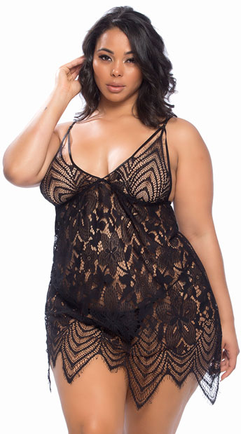 Plus Size Coco Lace Babydoll Set, Plus Size Black Lace Babydoll set - Yandy.com