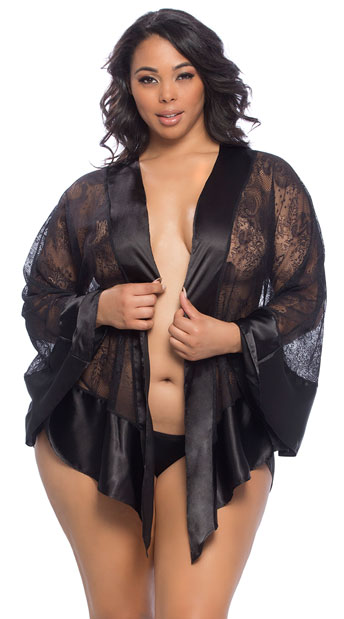 Plus Size Roxanne Satin and Lace Robe, Plus Size Satin and Lace Robe - Yandy.com