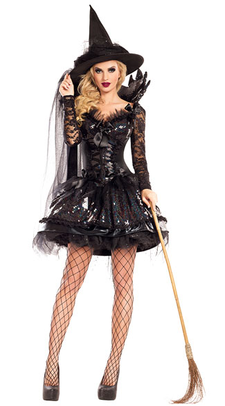 Midnight Black Witch Costume, Sexy Black Witch Costume, Lace Witch Costume