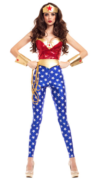 Glamorous Wonderlady Costume, Sexy Superhero Costume, Gold Superheroine Costume