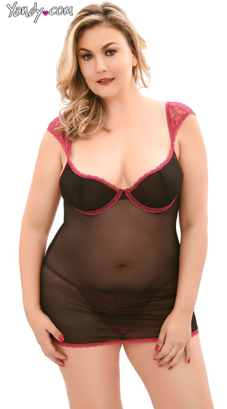 Plus Size Mauve and Black Mesh Babydoll, Plus Size Black Babydoll, Plus Size Mauve and Black Babydoll