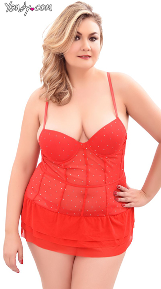 Plus Size Pinup Girl Red Mesh Babydoll, Babydoll G-String Set, Lace Lingerie
