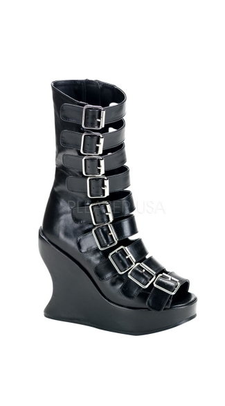 5 Inch Platform Goth Lolita Punk Fetish Black Pu Wedge With 9 Straps