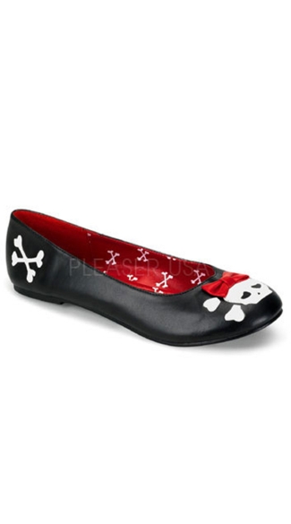 Skull Print Ballet Flat With Decorative Bow, Black Flat Ballet Shoes with Skull Design - Yandy.com