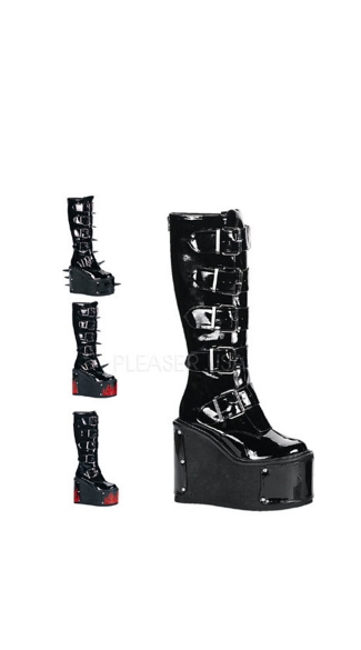 5 1/2\" Goth Punk Cyber Gogo 5 Buckled P/f Blk Pat Knee Bt