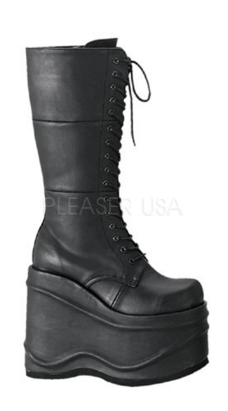5 3/4\" Goth Punk Cyber Lace-up P/f Blk Pu Knee Bt