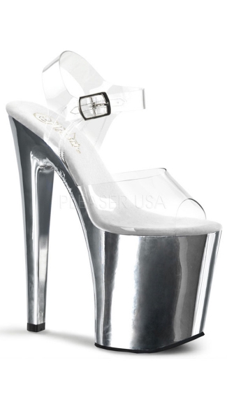 8 Inch Heel, 4 Inch Silver Chrome Platform Ankle Strap Sandal