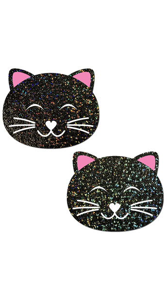 Black Glitter Kitty Pasties, Cute Kitty Pasties, Sparkly Kitty Pasties