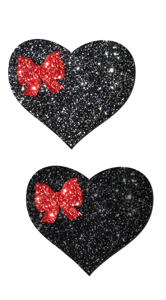 Black Glitter Heart and Red Bow Pastease, Glitter Heart Pasties, Heart Nipple Pasties
