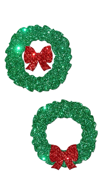 Glitter Wreath with Red Bow Pastease, Glitter Christmas Nipple Pasties, Wreath Holiday Pasties