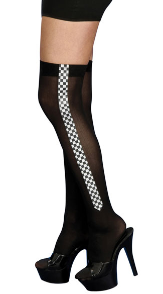 Racer Thigh Highs, Black Thigh High Stockings, Checkered Flag Stockings