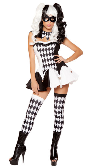 Devious Jester Costume, Black and White Clown Costume, Sexy Harlequin Costume