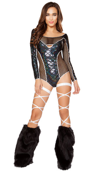 Fishnet Mermaid Romper, Shiny Mermaid Romper, Long Sleeve Mermaid Romper