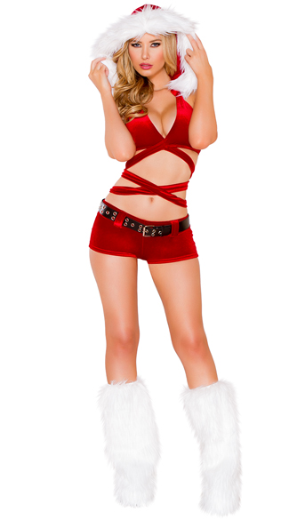 Santa\'s Vixen Wrap Around Top and Shorts, Red Velvet Dancewear Set, Red Velvet Rave Set