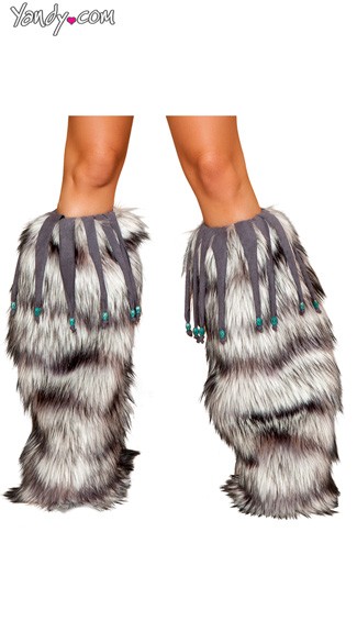 Furry Grey Legwarmers With Beaded Fringe, Grey Leg Warmers, Gray Fur Legwarmers