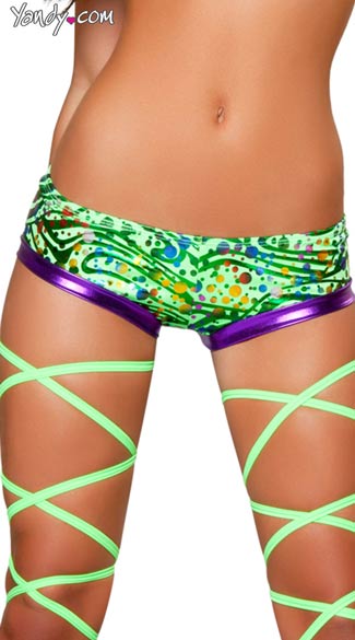 Metallic Green Swirl and Dots Shorts, Sexy Shorts, Metallic Shorts, Neon Shorts