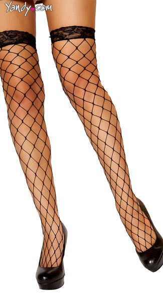 Thigh High Black Fishnet Stocking with Lace Top, Womens Thigh High Stockings, Fishnet Tights