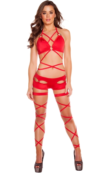 Wrap Around Bikini Set, Wrap Around Bikini Top, Strappy Bikini Top, Wrap Bikini Top, Solid Sexy Side Cut Out Shorts, Side Cut Out Shorts with O-Ring Detail, Solid Color Sexy Cut Out Shorts, Solid Leg Strap with Attached Garter, 100\" Solid Leg Strap with Attached Garter, Sexy Solid Leg Strap with Attached Garter