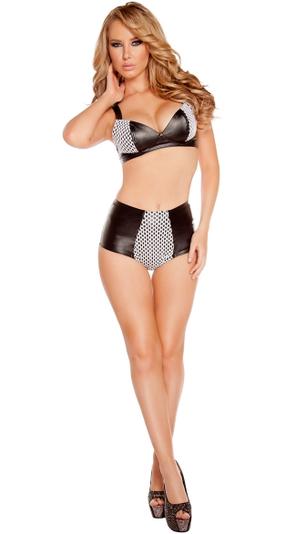 Leather and Fishnet Bikini Set, Leatherette Bra Top with Fishnet Detail, Leather Bra, Fishnet Bra, High Waisted Leatherette Shorts, Faux Leather High Waisted Shorts, Sexy Retro Leatherette Shorts