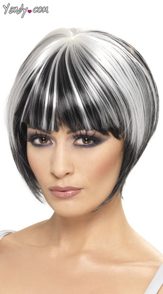 Quirky Black and White Bob Wig, Black Bob Wig with White Streaks, Black and White Wig