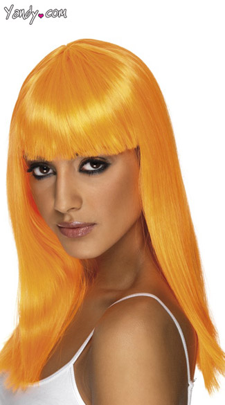 Neon Orange Long Costume Wig With Bangs