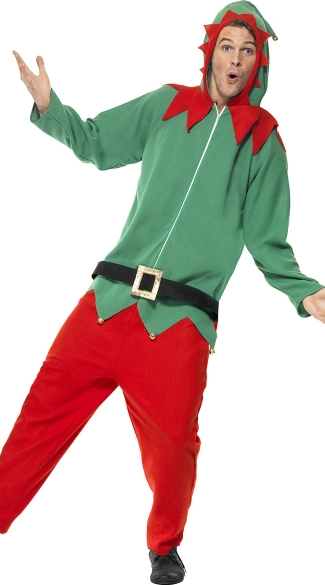 Mens Hooded Elf Jumpsuit Costume, Mens One Piece Elf Costume, Mens Holiday Elf Costume
