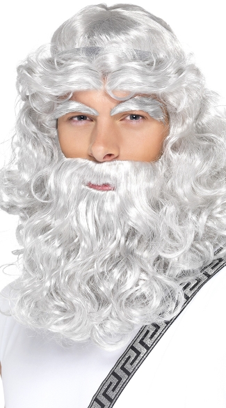 Zeus Wig and Beard, Gray Wig and Beard, Wig with Attached Beard